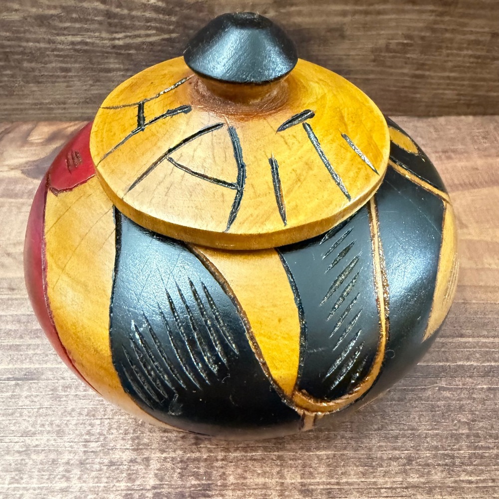 Hand Carved Wooden Haiti Trinket Bowl with Lid Abstract Painted Folk Art Decor